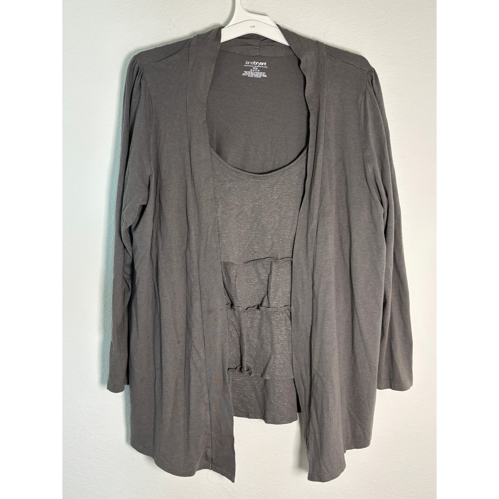 Lane Bryant Gray 2 Piece Cardigan Tank Set Ruffle Front Plus Size 22/24 Charcoal